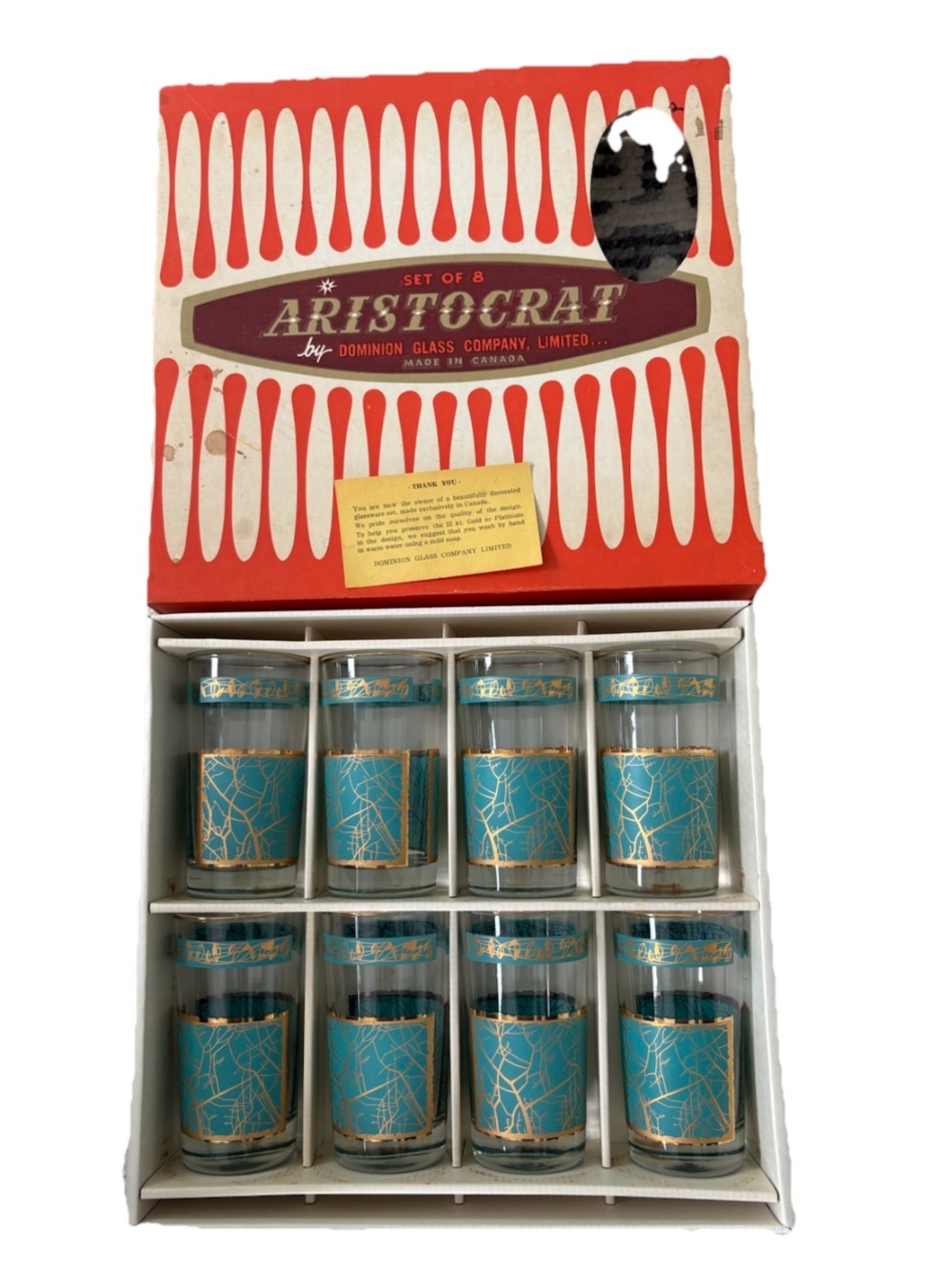 Aristocrat Set of 8 Turquoise & Gold Glasses 5” Dominion Glass Original Box